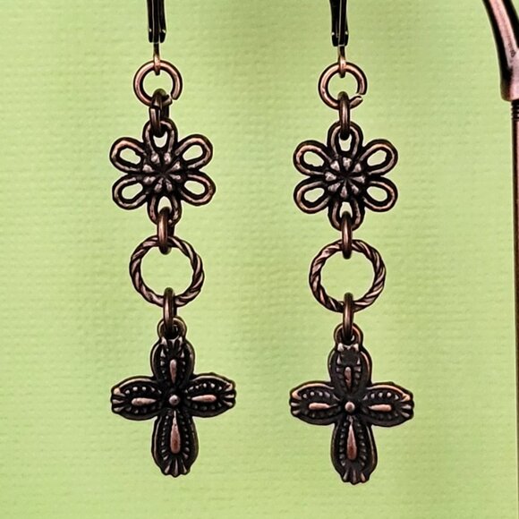 CROSS Daisy Flower Copper Brass Lever Back Earrings Southwestern Westernwear - Picture 2 of 10